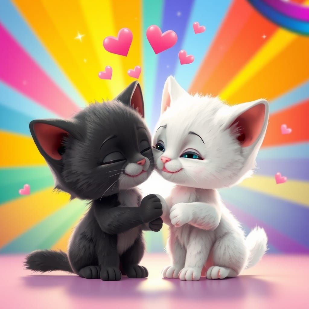 Two Adorable Kittens in Cartoon Style Cuddling