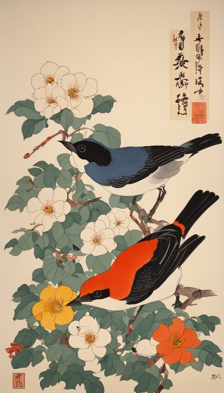 Bird and Flower Painting in Traditional Japanese Style