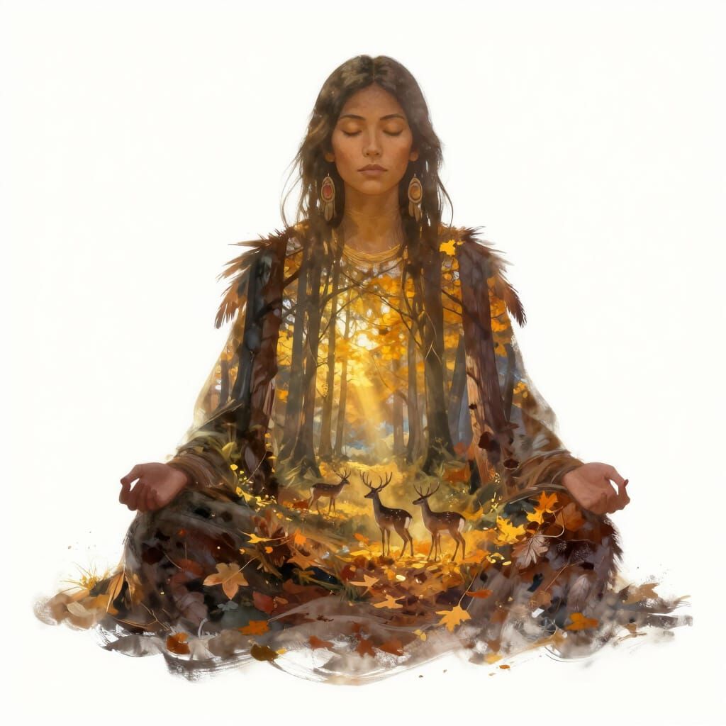 Native Spirit Guide Meditation in Autumn Forest Double Expos...