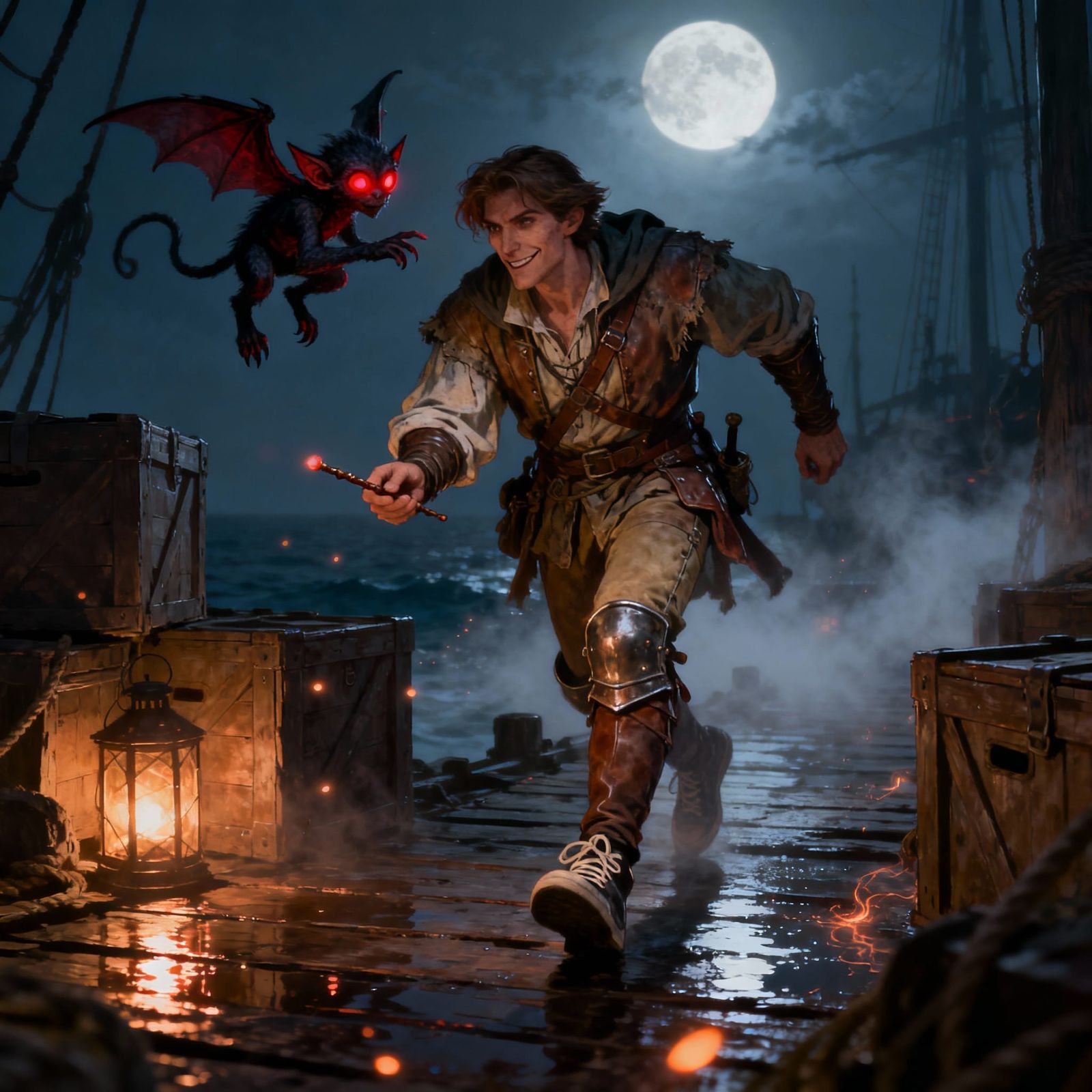 Warlock Sneaking on Moonlit Docks with Imp Familiar