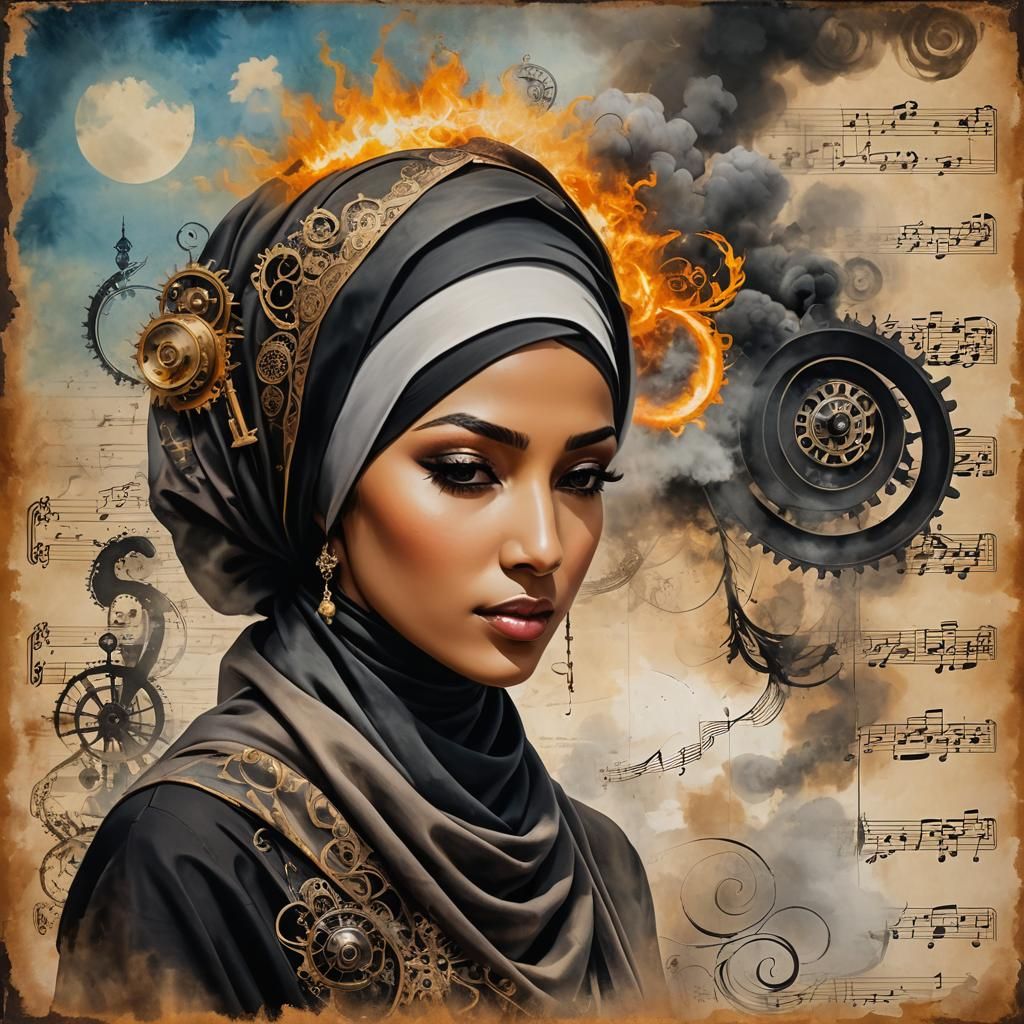 Hijabi Woman on Burnt Sheet Music in Mixed Media