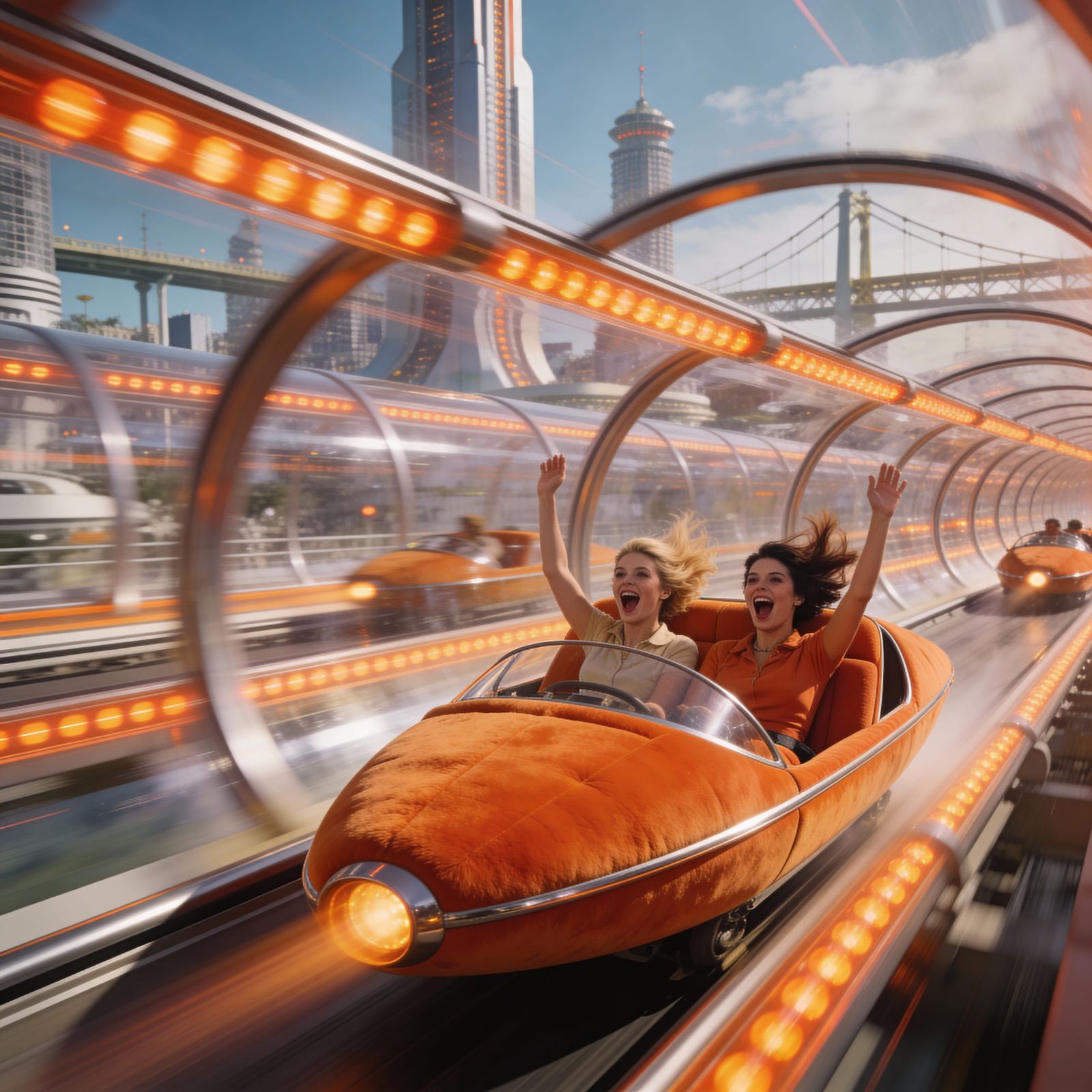 Retro-Futuristic Pod Car Race Through Cityscape