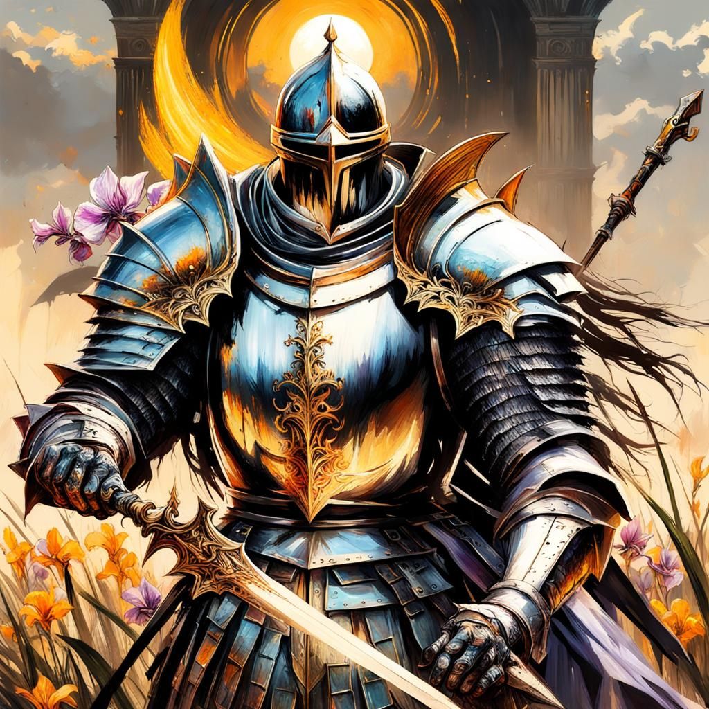 Gothic Knight in Floral Battlefield Painting