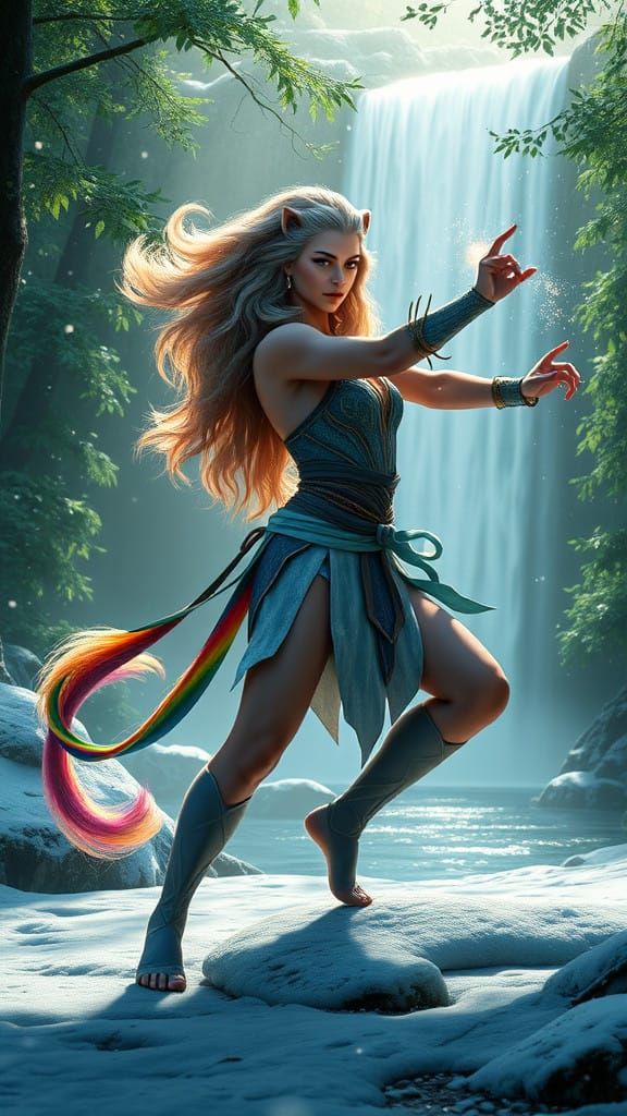 Elegant Lioness Warrior Unleashes Magic in Snowy Forest