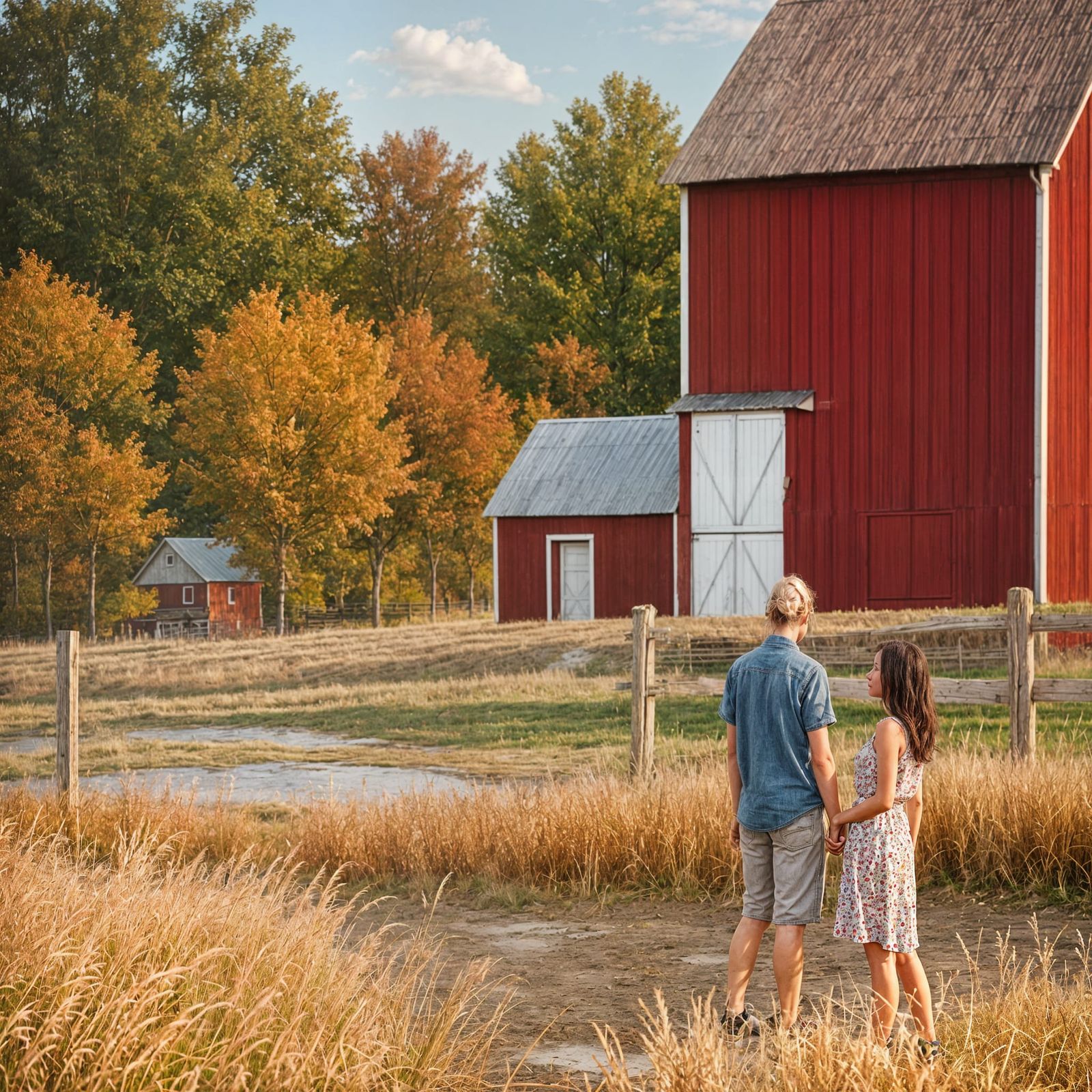 Woman Poses Before Classic Red Barn on Rural Farm