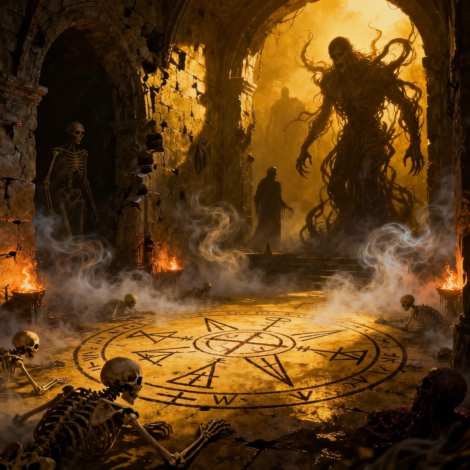 Macabre Crypt Scene with Ethereal Mist and Golden Hour Light