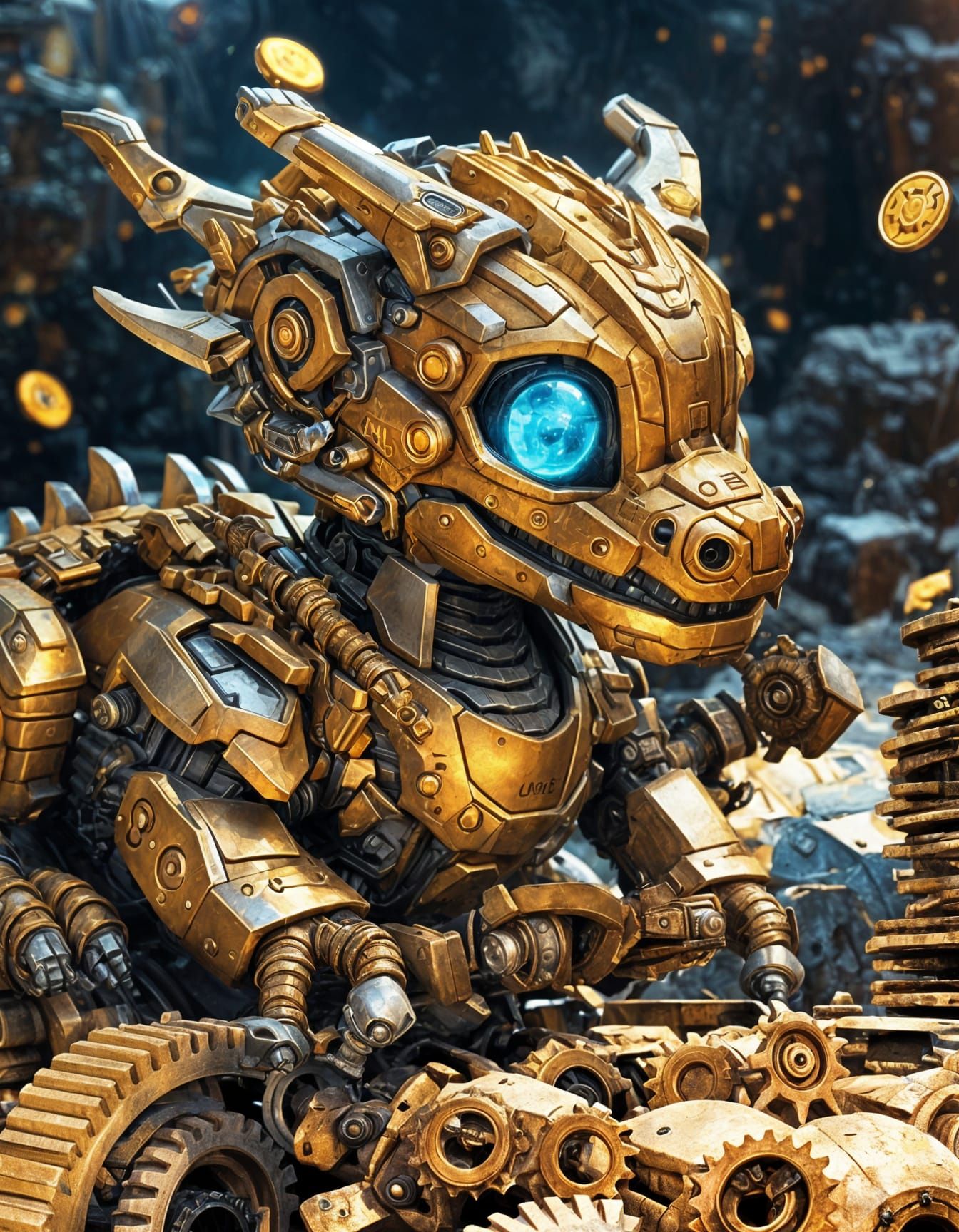 Mechanical Baby Dragon Asleep on Gold Coins