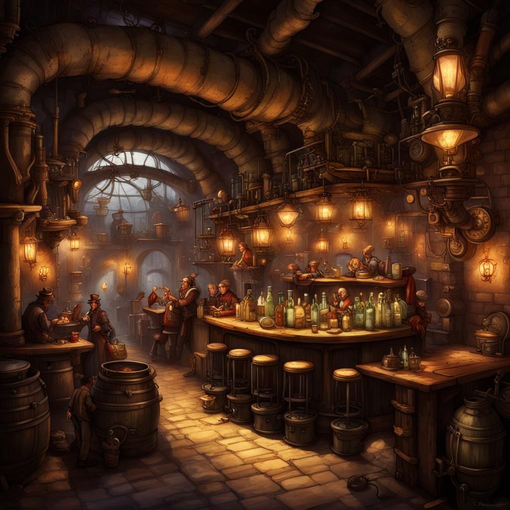 Steampunk Tavern in Underground City with Mechanical Bartend...
