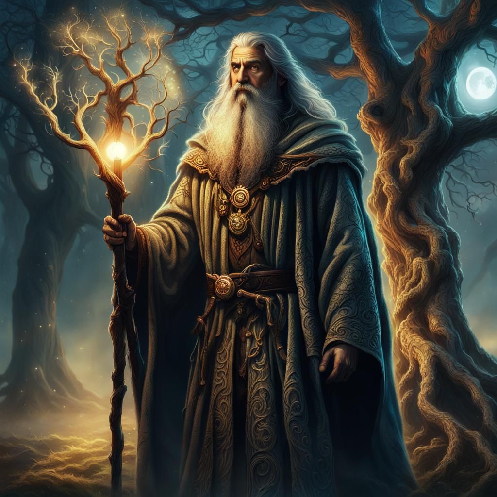 Mystical Druid in Misty Forest, Fantasy Concept Art