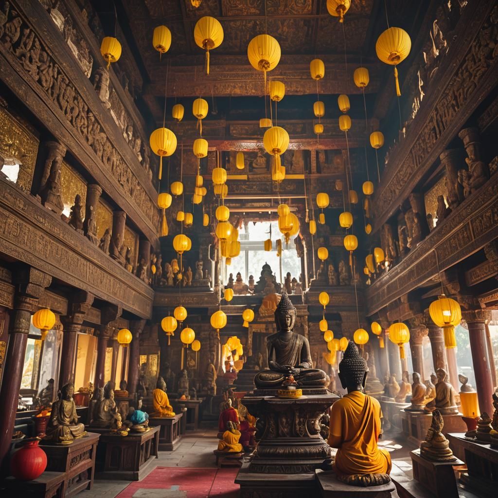 Ancient Indian Temple with Buddha Statues