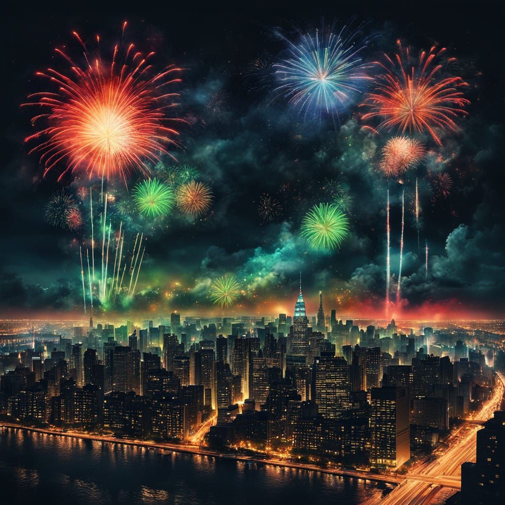 Moebius-Inspired Fireworks Display Over a City Skyline