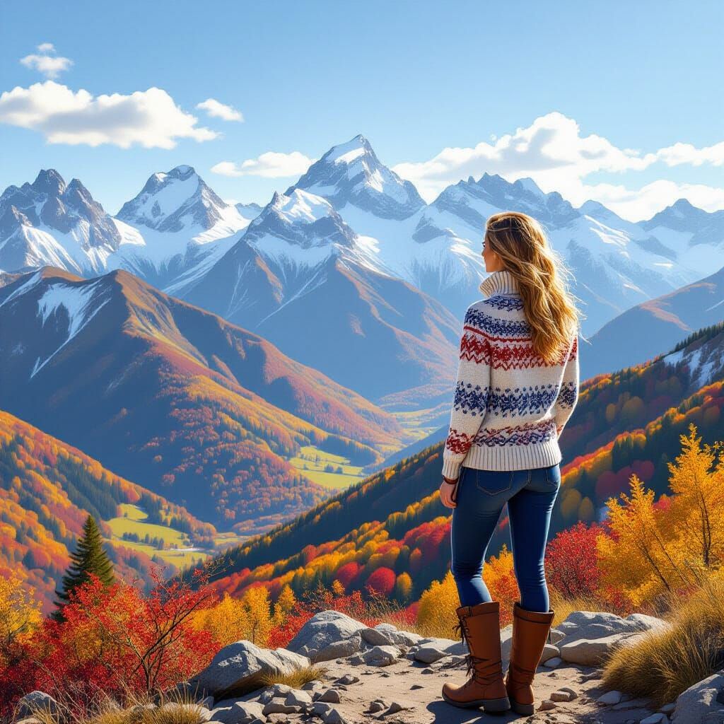 Autumn Mountain Hike: Woman in Fair Isle Sweater Overlooks P...