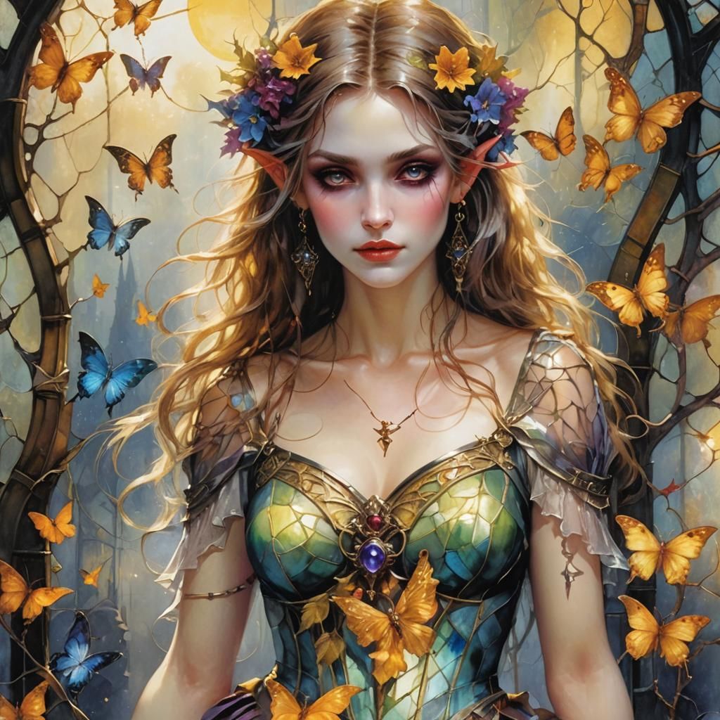 Gothic Elf Girl in Mystical Moonlit Setting