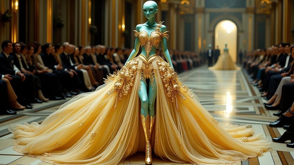 Alien Beauty Struts Milan Runway in Art Deco Nouveau Gold Go...