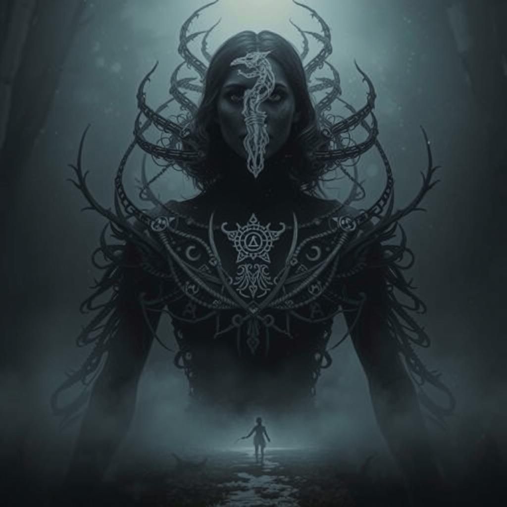 Mystical Silhouette with Neon Fantasy Creatures