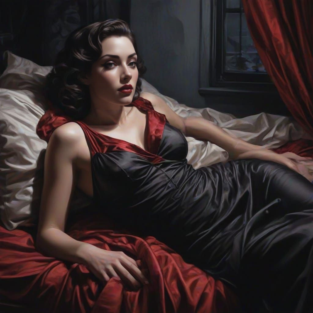 Sultry Woman and Mysterious Man in a 1950s Pulp Novel Style