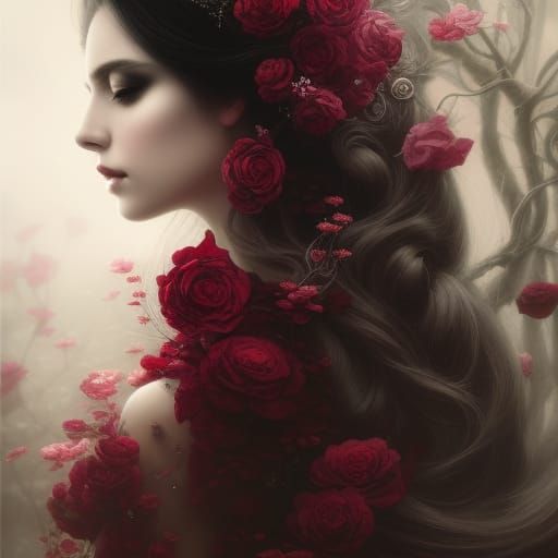 Sleeping Beauty Surrounded by Roses in Gothic Horror Style