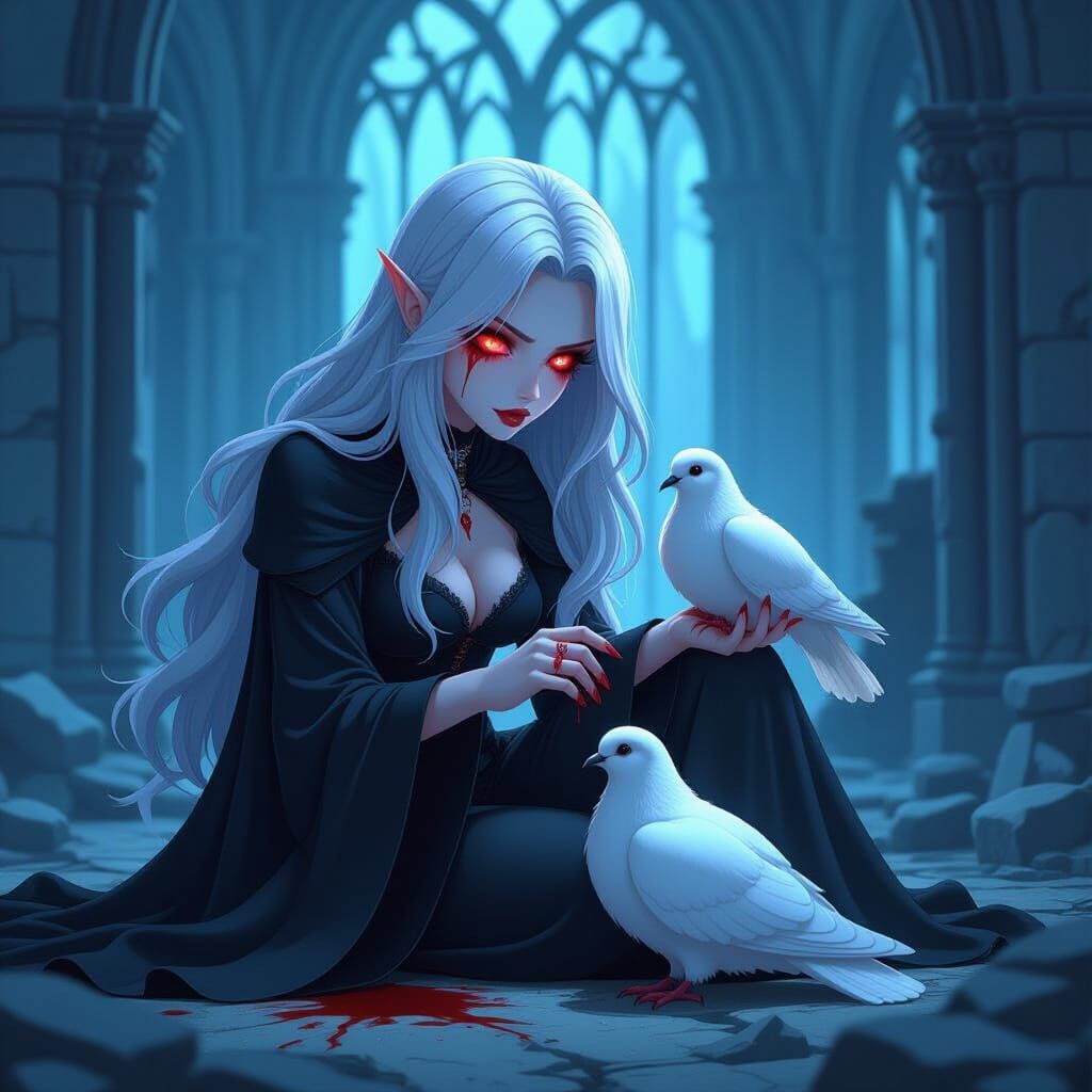 Vampire and Dove in Ruined Cathedral, Cel-Shaded Manga