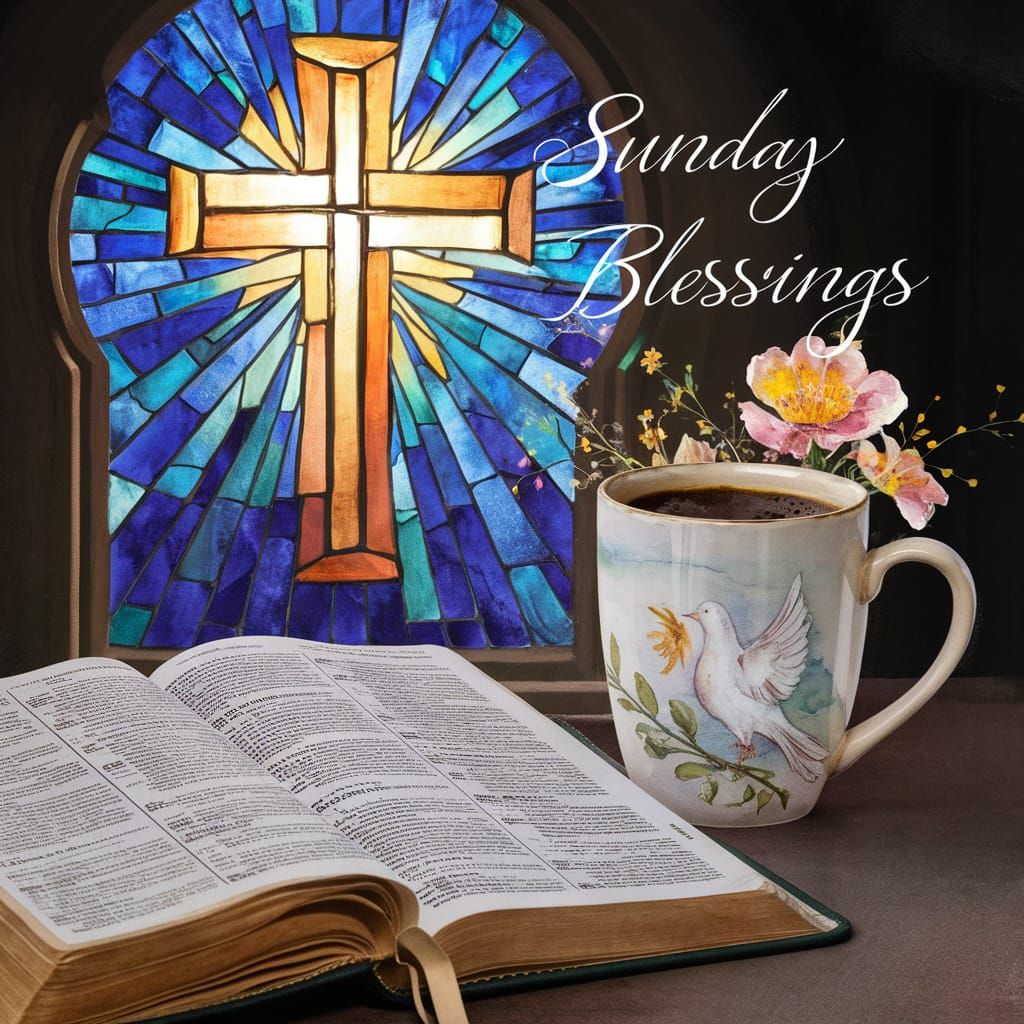 Stained Glass Cross with Bible and Coffee