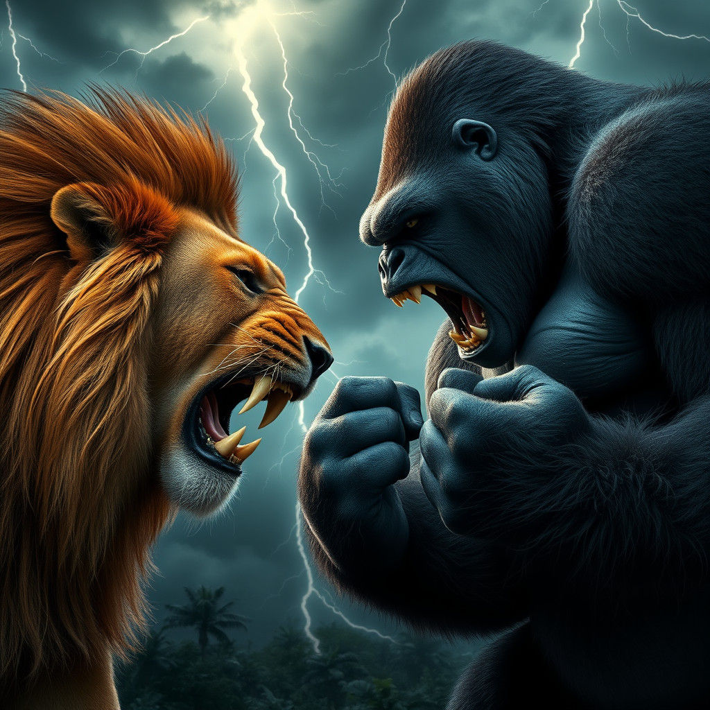 Lion and Gorilla Face Off in Stormy Jungle