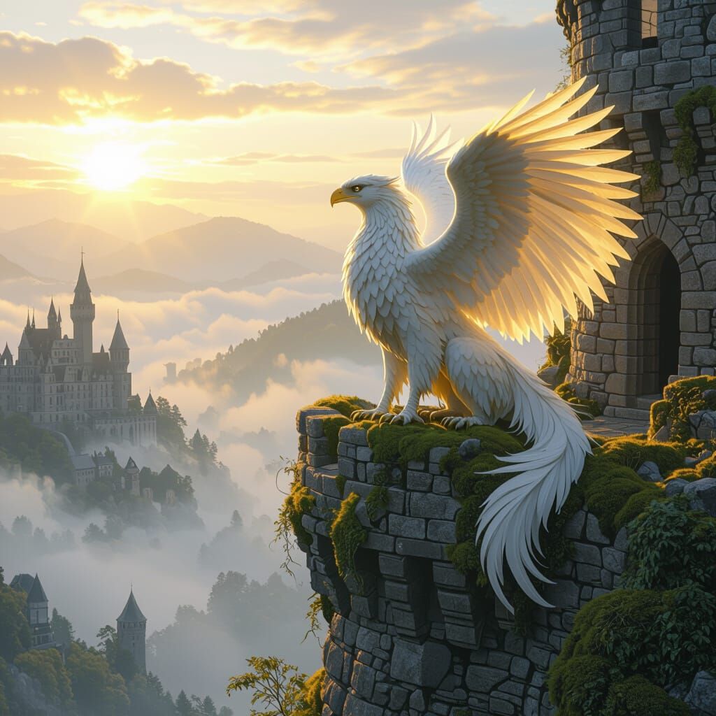 Golden Griffin Overlooking Misty Valley at Dawn