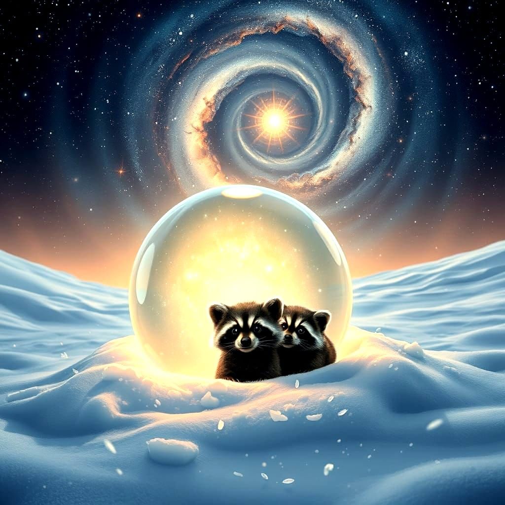Whimsical Raccoons Discover Celestial Wonders in a Snowy Lan...