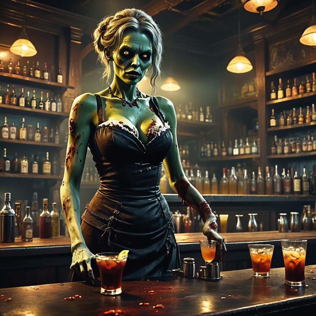 Epic Zombie Barmaid Serving Drinks in a Stunning Digital Pai...