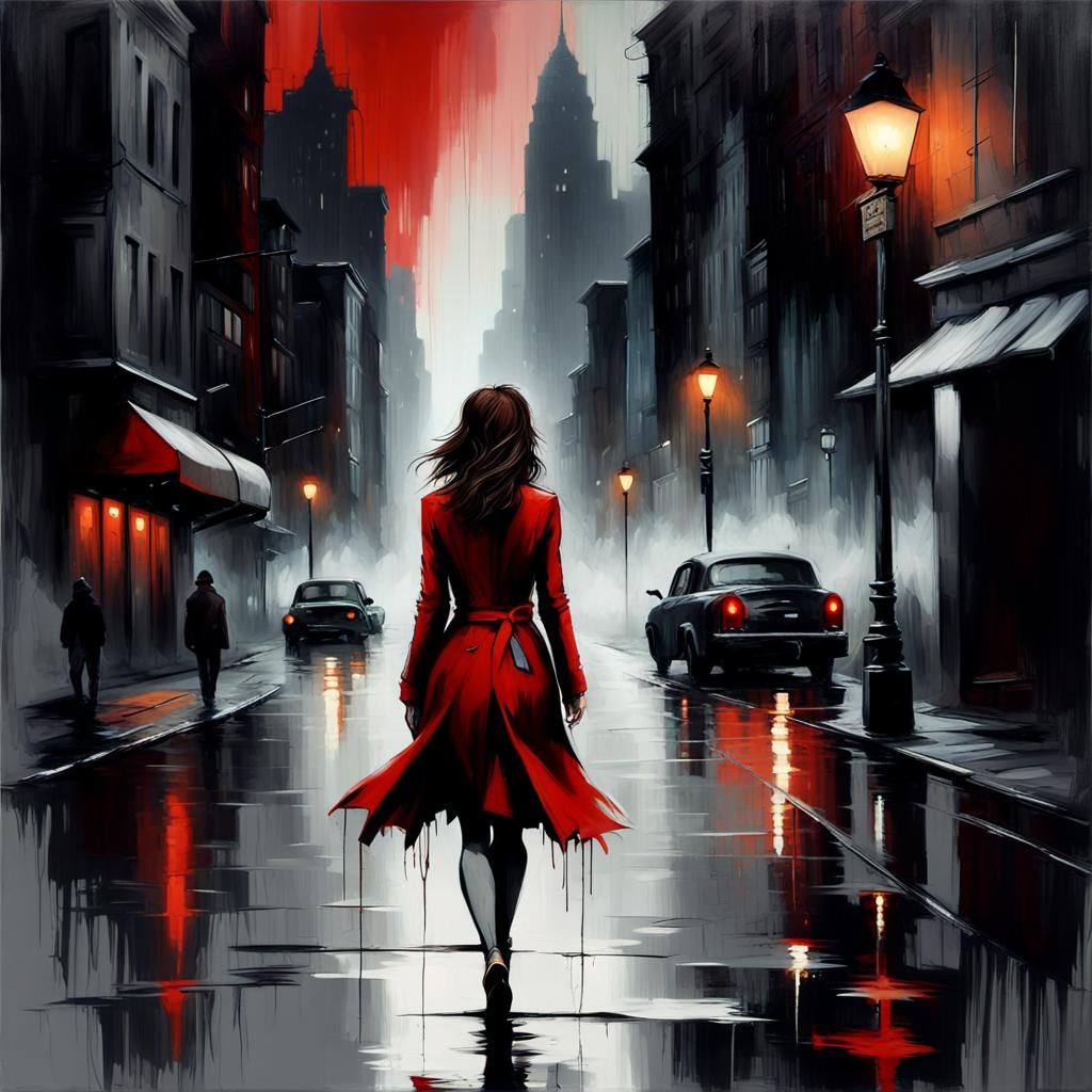 Film Noir Woman in Rainy Cityscape