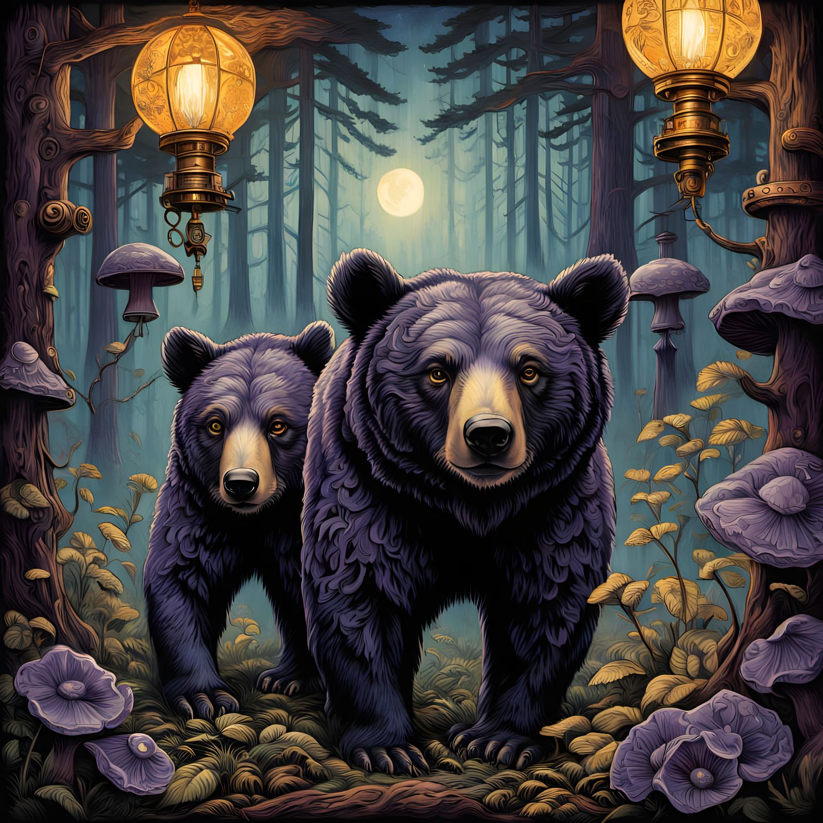 Steampunk Black Bear Cubs Explore Clockwork Forest