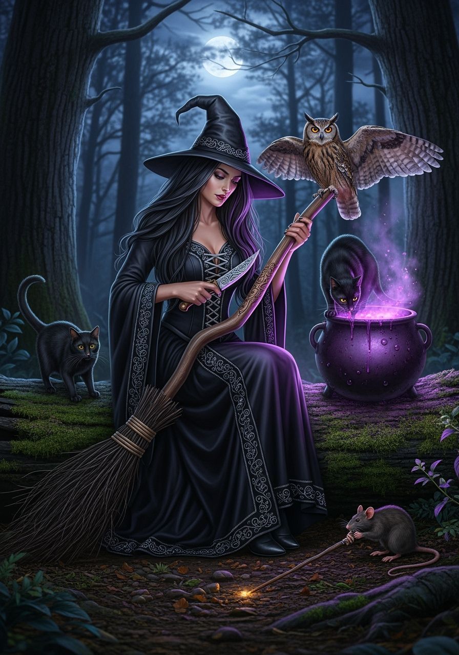 Enchanting Witch Carves Broom Beside Cauldron