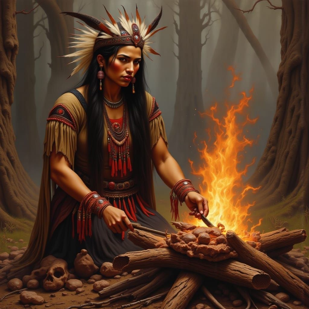 Native American Woman Cooking Meat Over Campfire