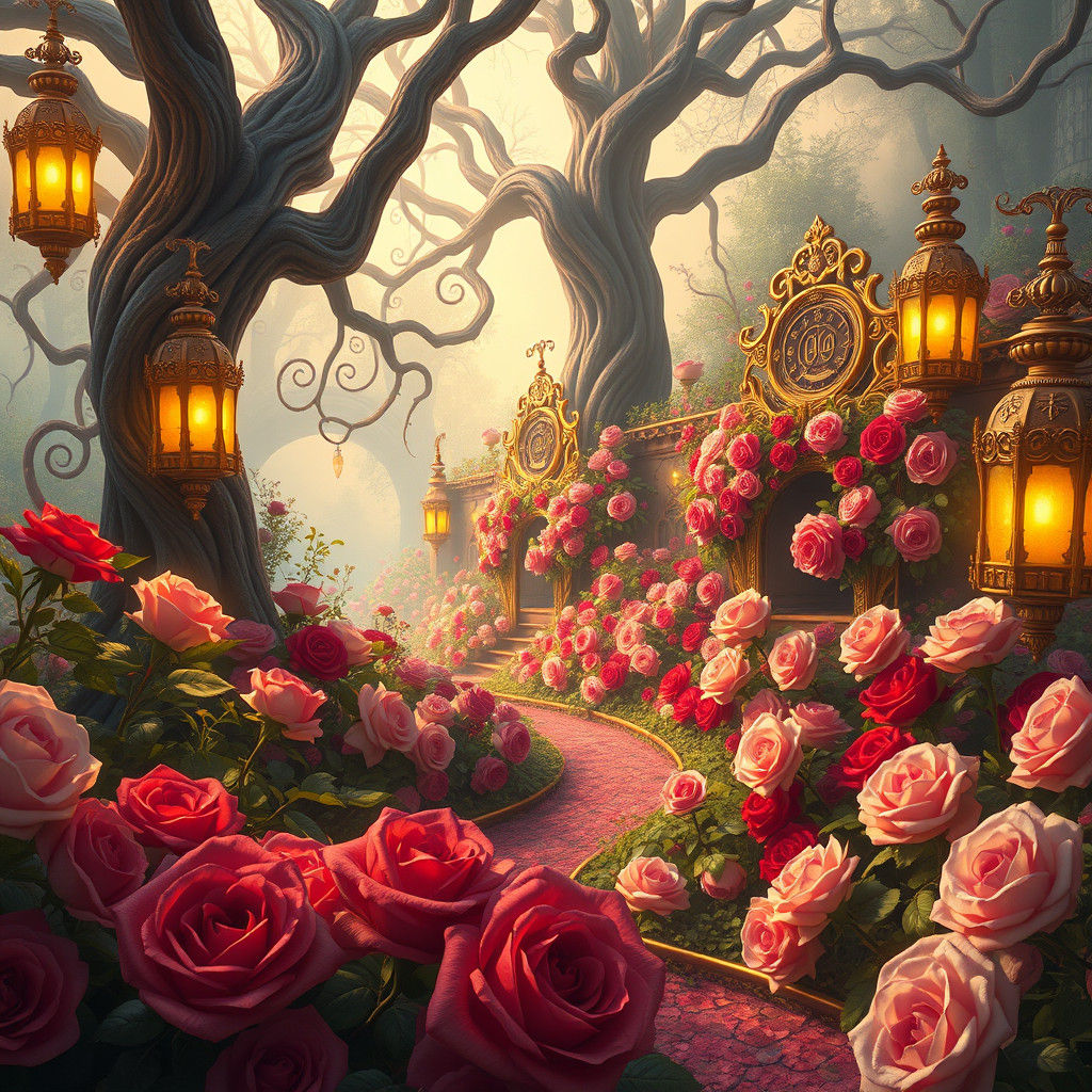 Enchanted Rose Garden with Golden Decorations