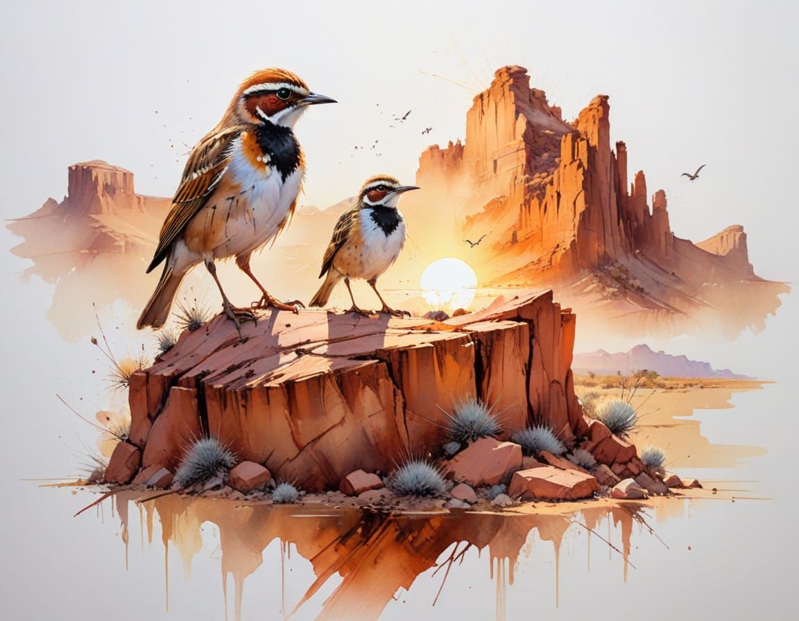 Sunrise Over Red Desert Cliffs with Horned Lark
