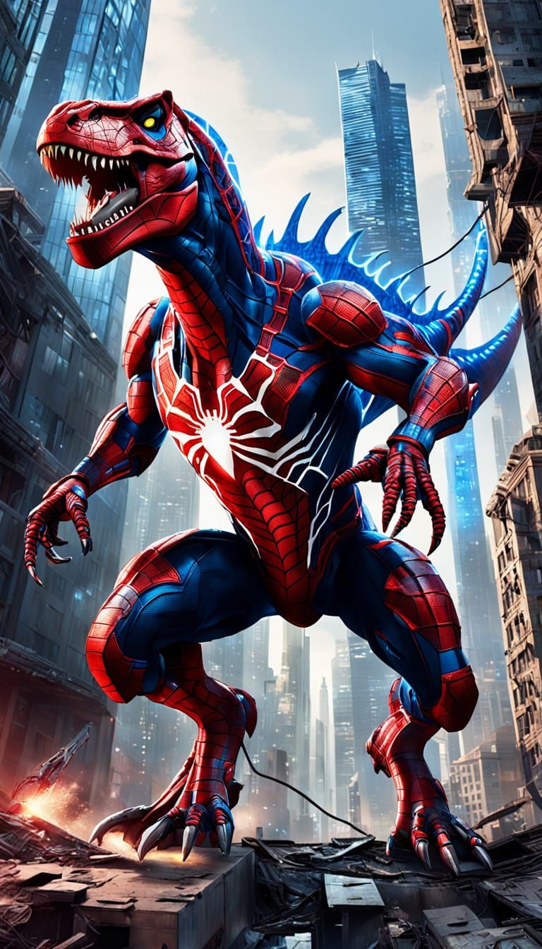 T-Rex Superhero Swings Through City in Comic Style