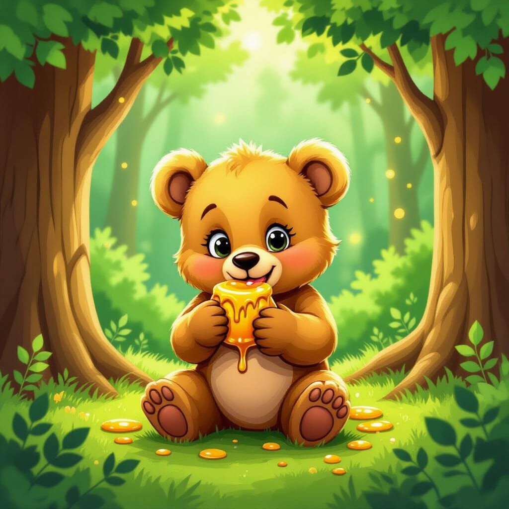 Golden Bear Cub in Enchanted Forest Illustration