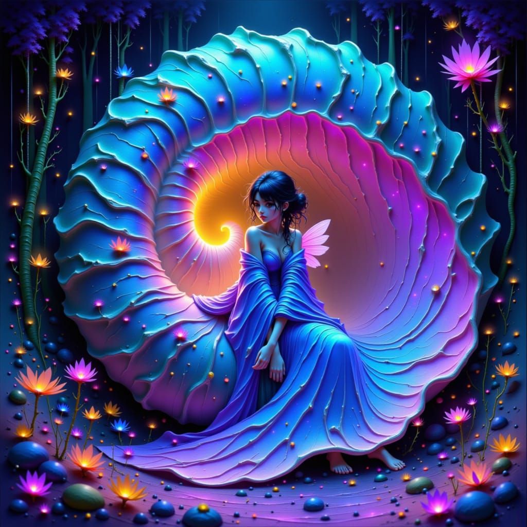 Bioluminescent Fairy on Nautilus Shell with Geometric Patter...