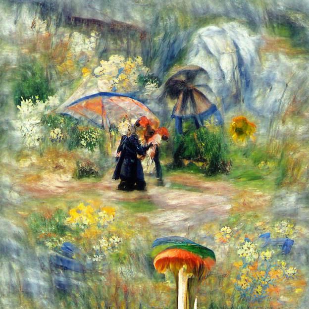 a woman with an umbrella and her partner, who is bending down to pick up a flower