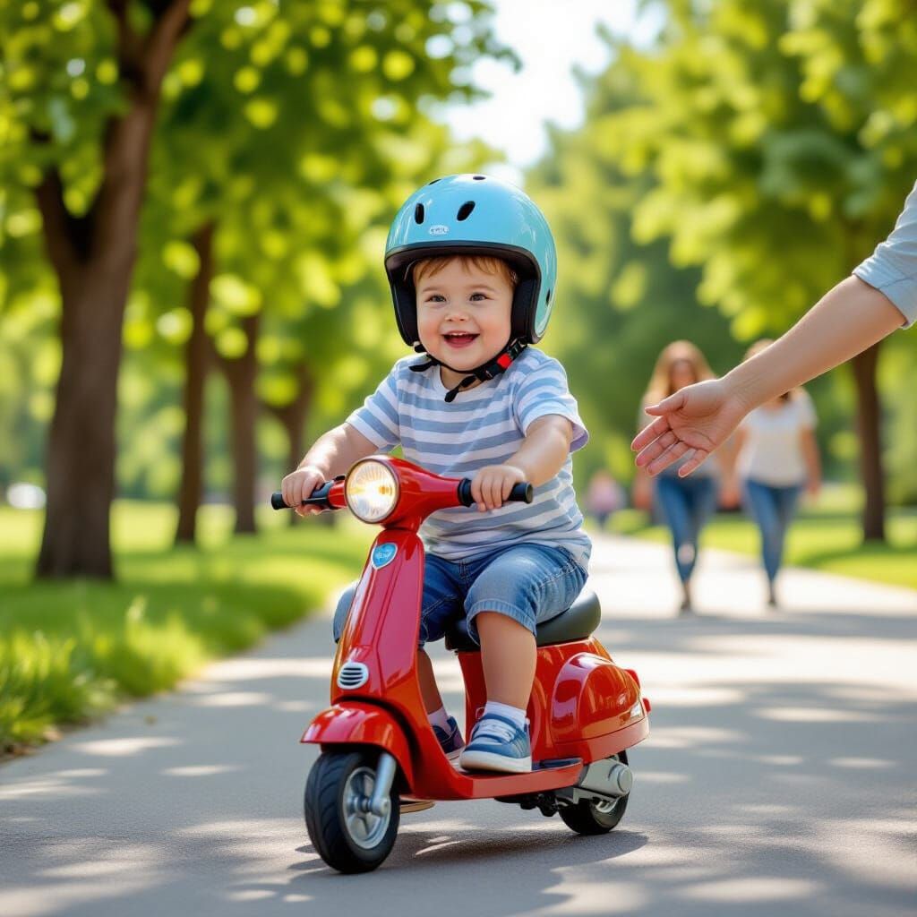 Boy with Down Syndrome Rides Scooter in Park