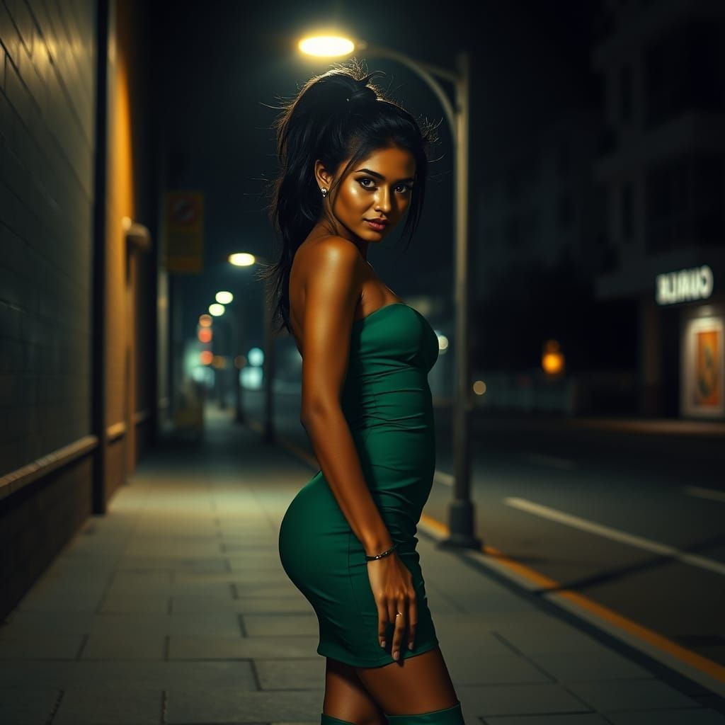 Elegant Indian Woman Under Streetlamp in Emerald Green Mini ...