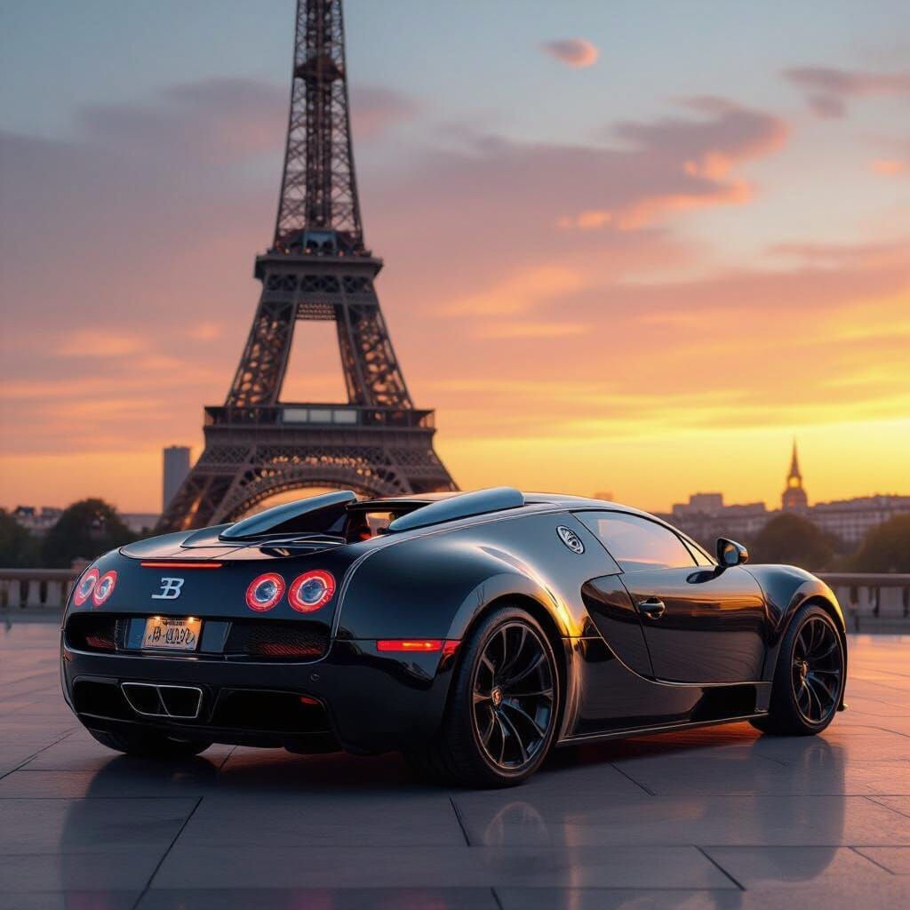Bugatti Veyron at the Eiffel Tower in Golden Light
