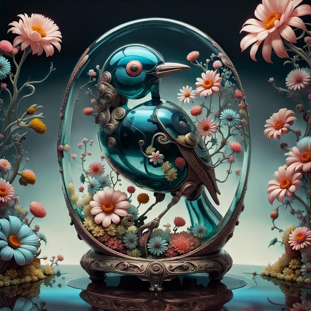 Whimsical Glass Bird Robot in Psychedelic Art