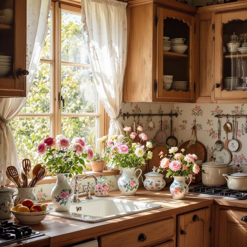 Cozy Antique Kitchen with Rose Bush, Impressionist Style