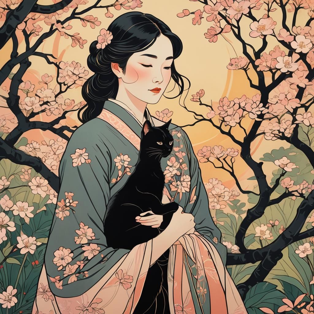 Girl with Black Cat in Art Nouveau Style