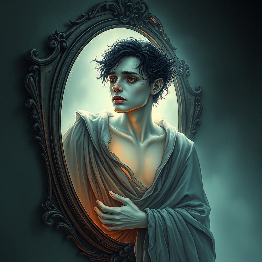 Mournful Spirit Gazing from a Haunting Mirror