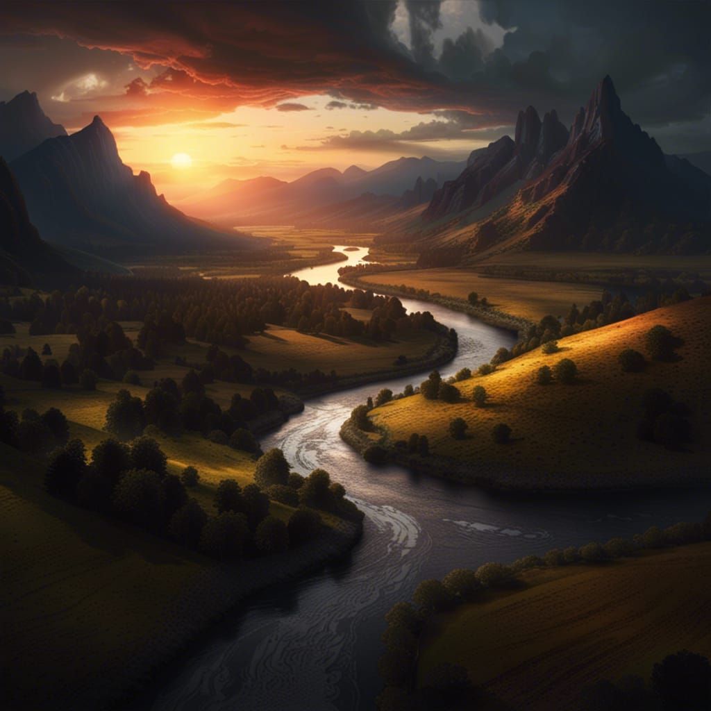 Dramatic Sunset Over Mountain Valley Landscape