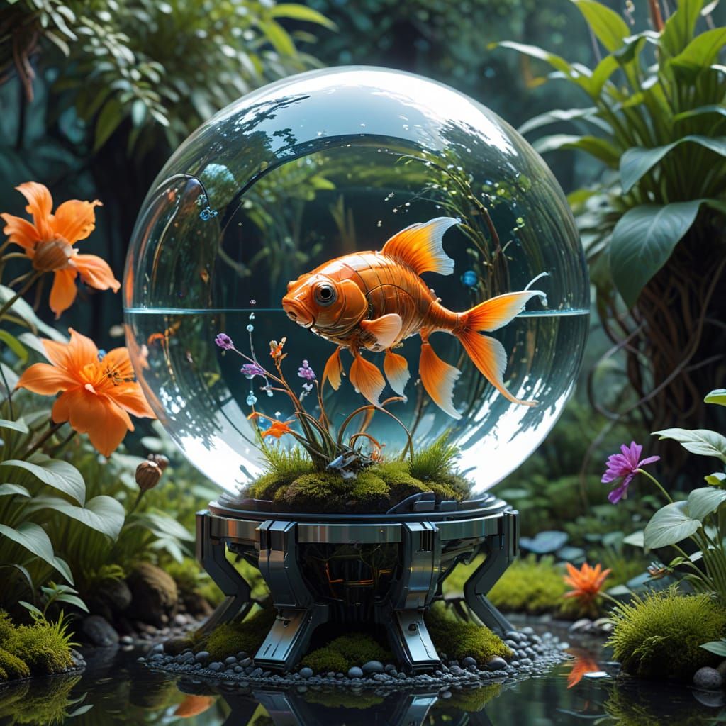 Titanium Robot with Crystal Head in Futuristic Garden