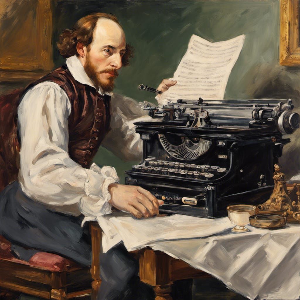 Shakespeare at Typewriter: Hyperrealistic Oil Painting
