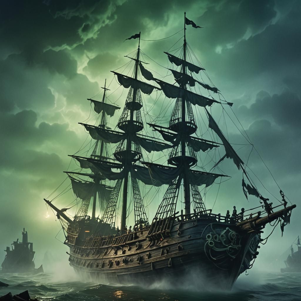 Skeleton Pirate Steers Ghost Ship: Dark Fantasy Painting