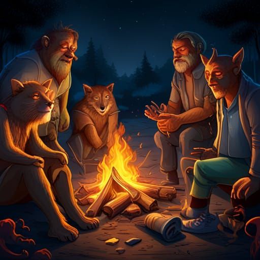 Creatures Around Campfire at Night: Hyper-Realistic Splash A...