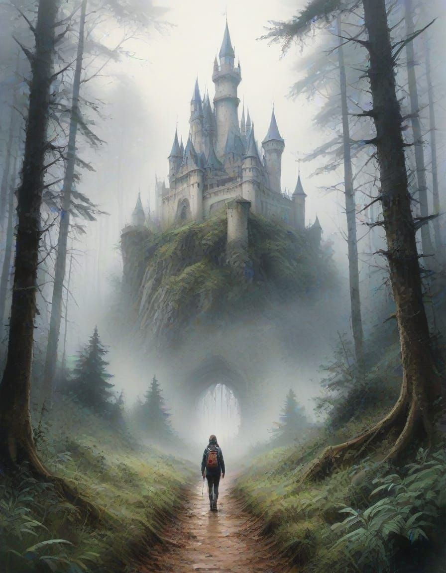 Misty Castle Path in Fairytale Forest Watercolor